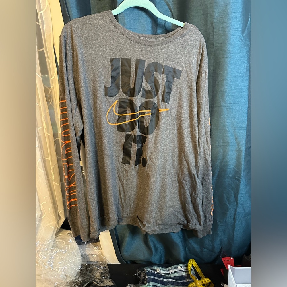 Nike Gray Long Sleeve Tee with Orange Swoosh